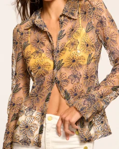 Leda Sheer Embellished Long Sleeve Top